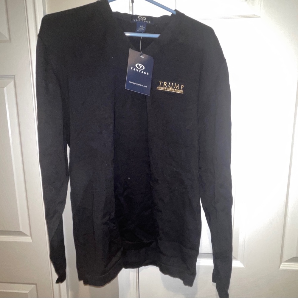 Trump Vneck Sweater- Trump hotel and casino black sweater